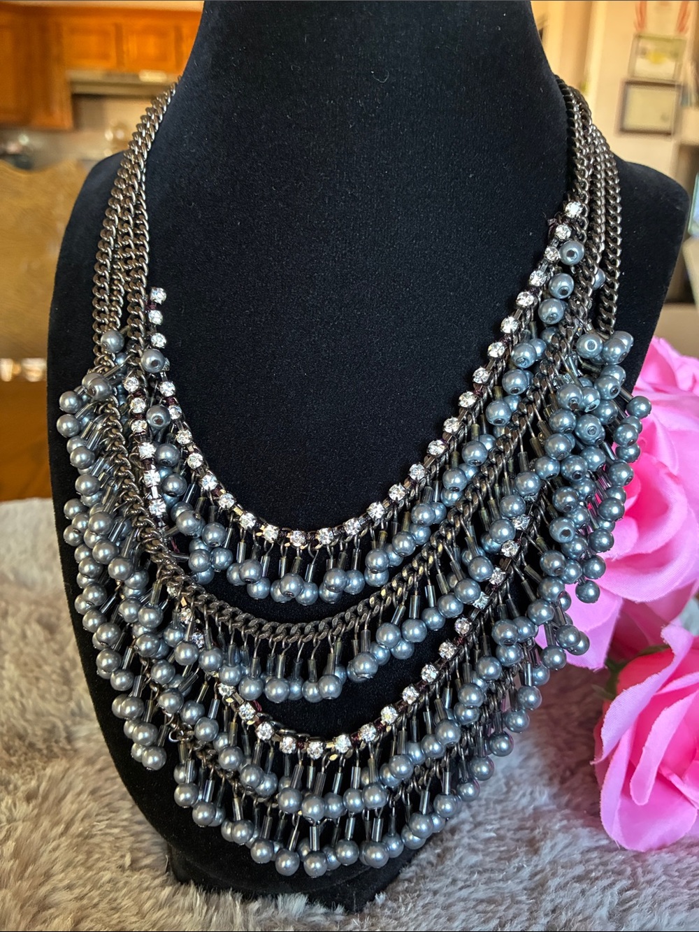 Vera Wang Multi-Strand Gunmetal Pearl and Crystal Necklace
